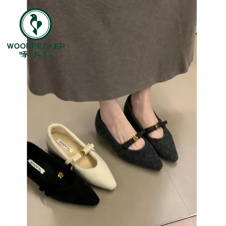 啄木鸟内增高浅口单鞋女冬季新款小香风加绒保暖玛丽珍通勤毛毛鞋
