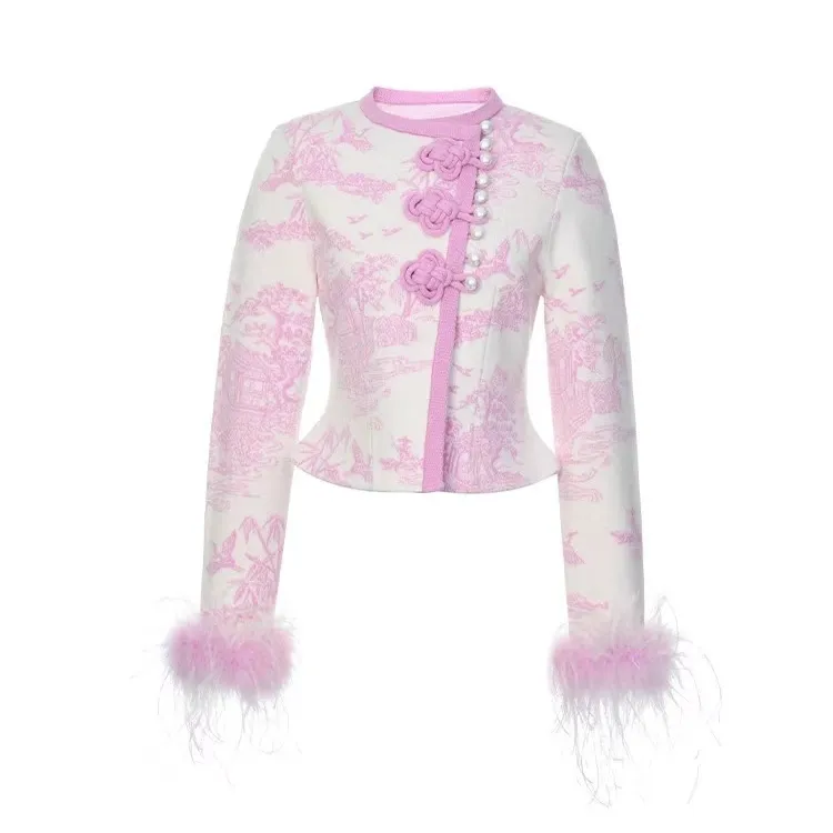 LeFame/拉飞姆2024年冬季新新中式提花针织外套女LF24D31ZM017