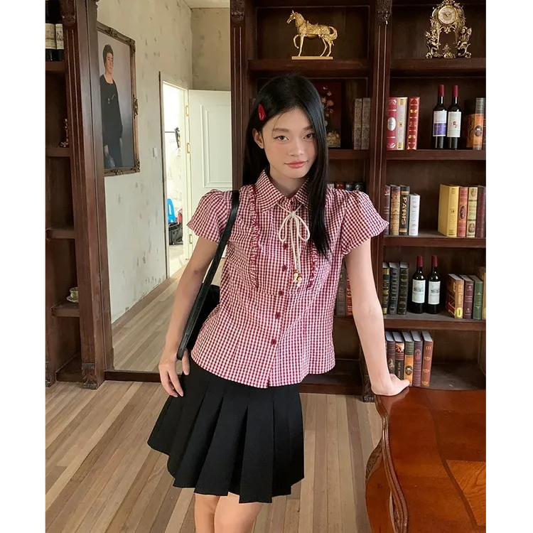 红色格子泡泡袖短袖衬衫夏季宽松显瘦新款设计感