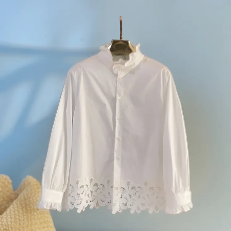 复古蕾丝白色长袖花边拼接早秋款衬衣