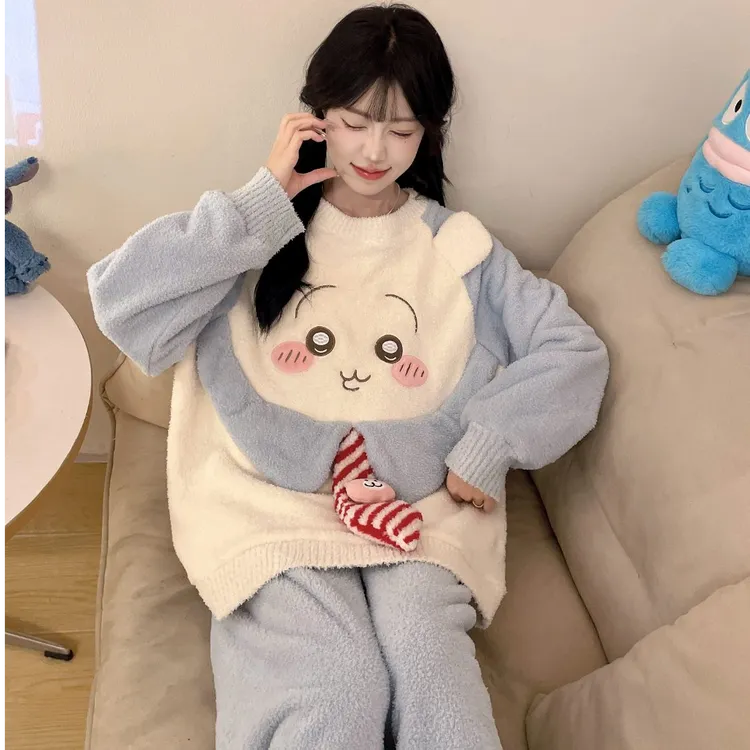 可爱风半边绒睡衣女款冬季圆领长袖长裤加绒加厚珊瑚绒家居服套装