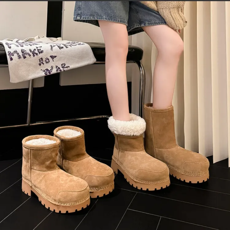 ZHIYU 大头圆头鞋 丑萌松糕底 短筒女雪地靴4cm