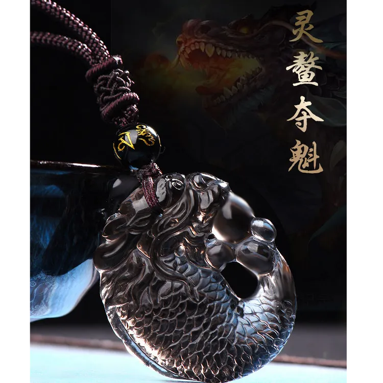 天然冰种黑曜石螭吻吊坠灵鳌懿宝锦鲤龙鱼项链饰品龙鱼黑曜石吊坠
