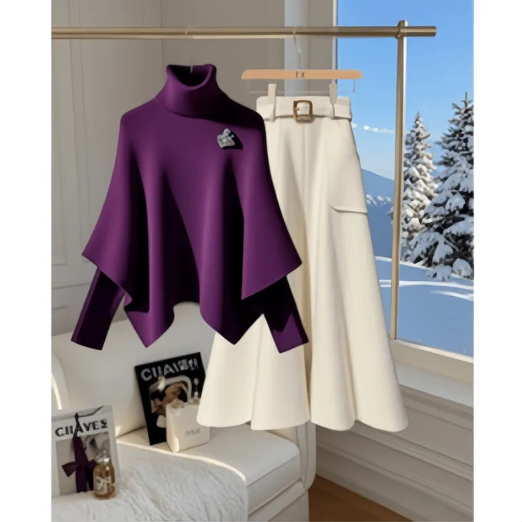 3863+3891一整套高级感春节红色高领斗篷毛衣半身裙两件套