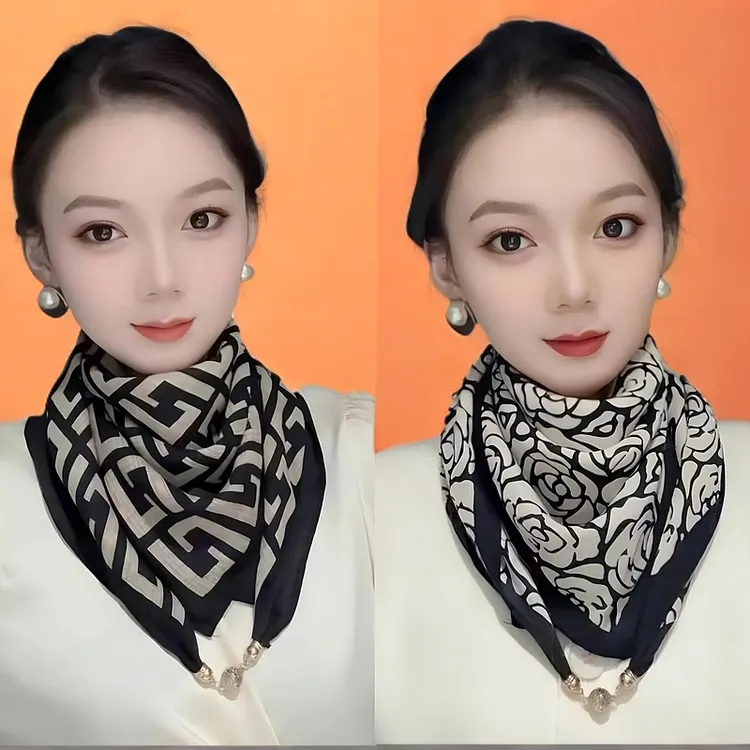 护颈磁吸三角小方巾女时尚气质棉麻丝巾懒人吊坠吸扣百搭气质围巾
