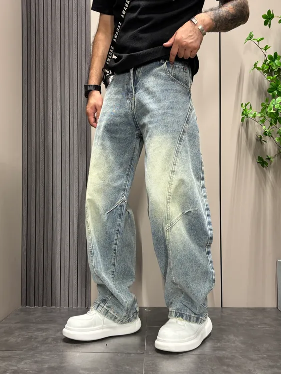 2025秋季高街美式复古弯刀裤男水洗牛仔裤韩版修身宽松百搭直筒裤