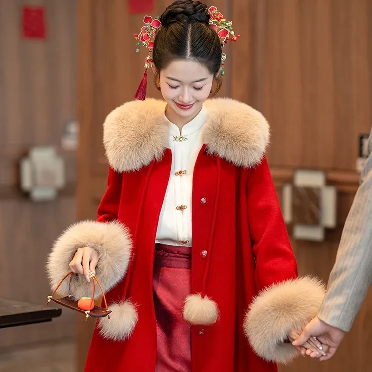 【现货运费险】满庭芳 红拂 红色大衣新款秋冬新娘结婚双面呢子外套