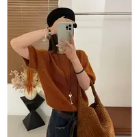 【花橘色】短袖圆领秋新款宽松韩版设计感针织衫毛衣女