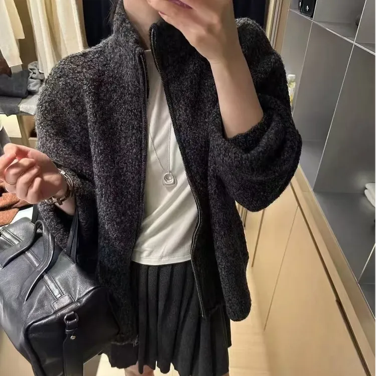 【800g+原版纹理】慵懒风韩版2025秋冬季针织立领拉链毛衣外套开衫