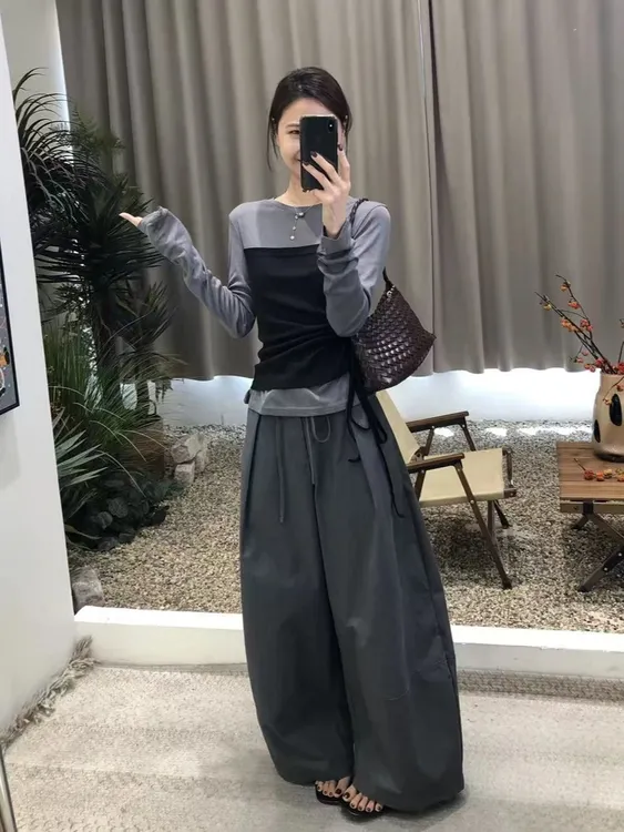 巨好看的秋装一整套干练气质高级感韩里韩气灰色假两件T恤套装裤