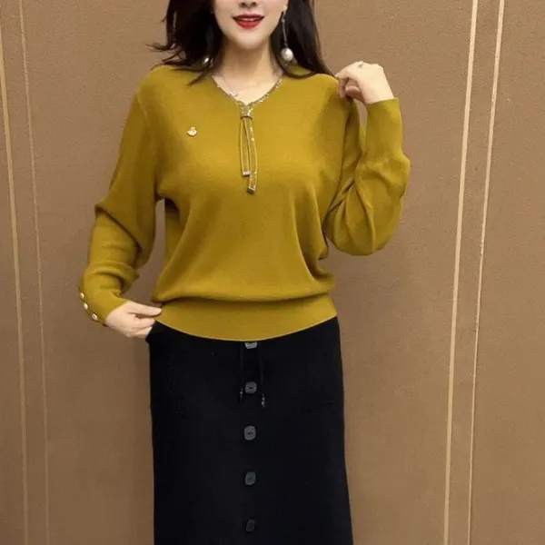 春秋新款高级时尚减龄潮流V领休闲针织衫中老年显瘦宽松休闲毛衣