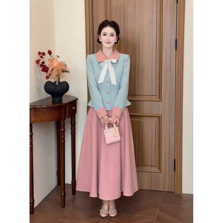 LiLi李李家【昭和千穗】温柔少女风蓝粉撞色毛呢套装两件套XMZH9896