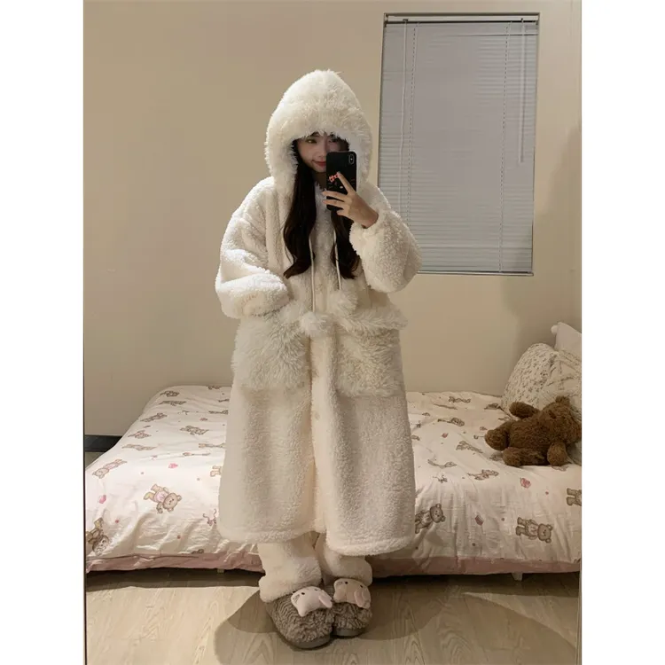 【毛绒绒连帽】甜美珊瑚绒睡衣女冬季加绒加厚保暖外穿家居服套装