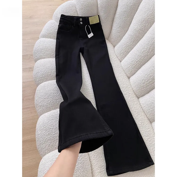 黑色加绒加厚微喇牛仔裤女秋冬2025新款高腰修身显瘦喇叭马蹄裤子