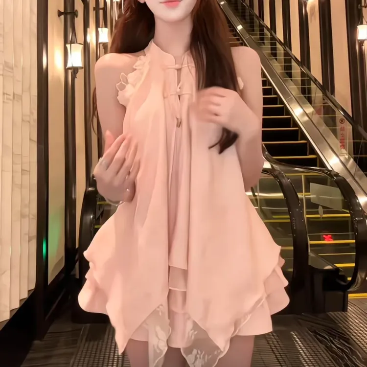 粉黛霓裳 夏季新款国风新中式温婉大方出游甜美设计宽松上衣短裙