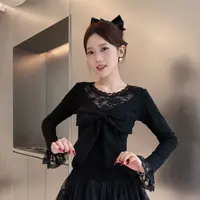 蝴蝶结装饰蕾丝圆领上衣气质收腰弹力棉显瘦气质修身短款时尚百搭