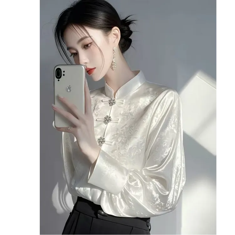 新中式国风内搭打底衫女早春高级感轻奢减龄洋气白色提花衬衫