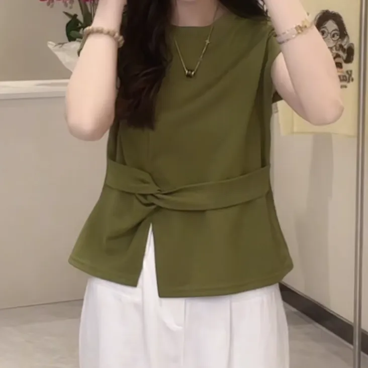 夏季新款飞飞袖掐腰扭结开叉下摆T恤女2025夏季新款显瘦圆领上衣