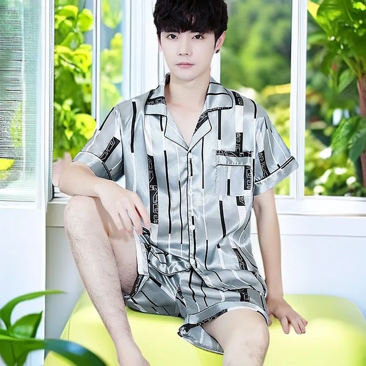 欧若风男夏季韩版纯色短袖短裤两件套睡衣冰丝家居服舒适冰丝睡衣