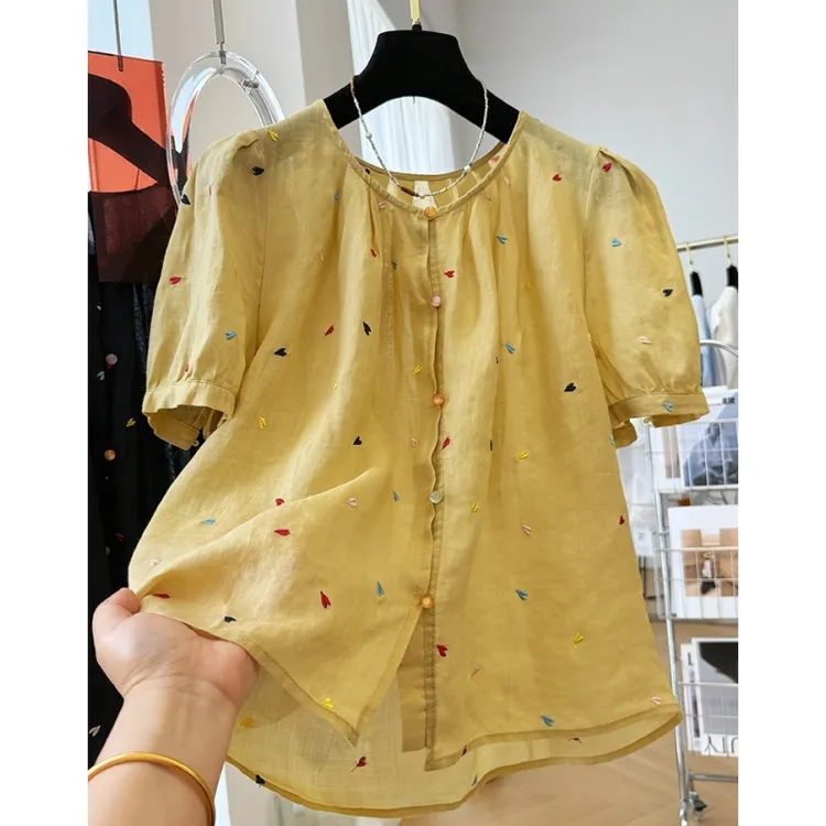 韩系重工刺绣小爱心圆领短袖衬衫女夏季气质小衫超好看棉麻上衣薄