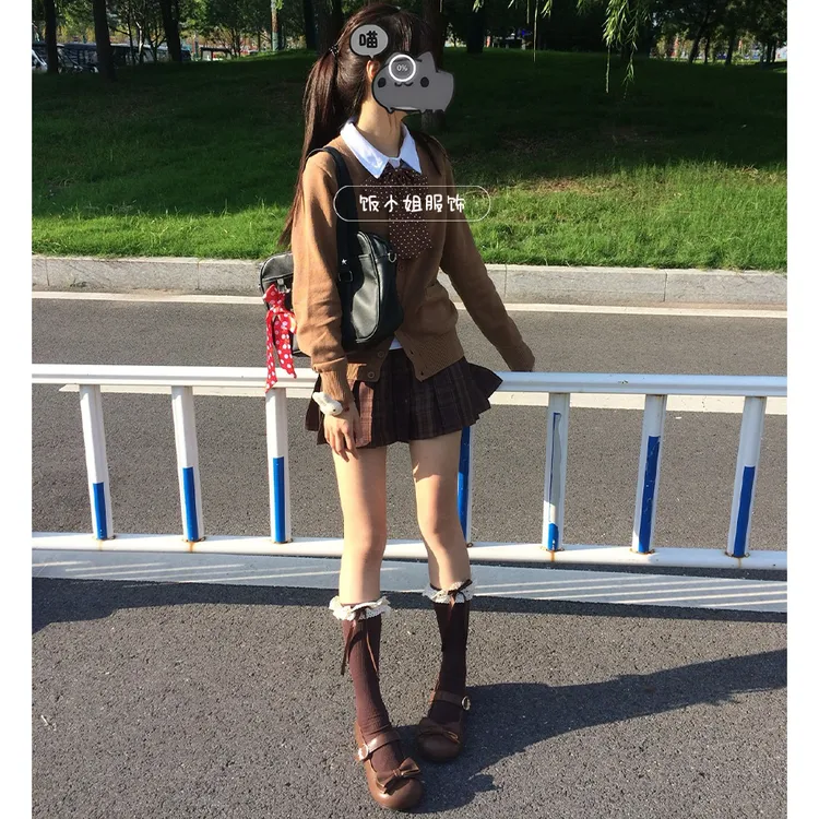 【焦糖可颂】原创jk制服日系学院风早秋开衫毛衣叠穿百褶格裙套装女