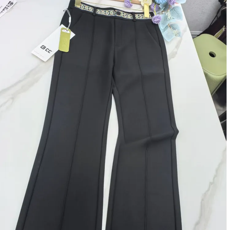 透气休闲裤长裤复古高腰喇叭裤修身微喇裤时尚开叉25092