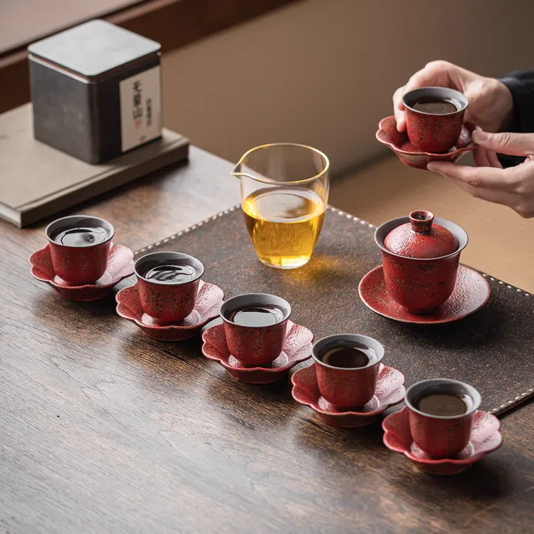 云觉坊赭石釉盖碗套装老岩泥高档泡茶功夫茶具家用茶杯带杯垫整套