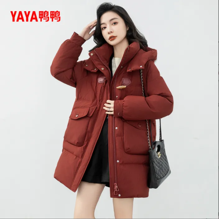 鸭鸭中长款羽绒服女新品时尚百搭连帽鸭绒厚外套YE3B635635L