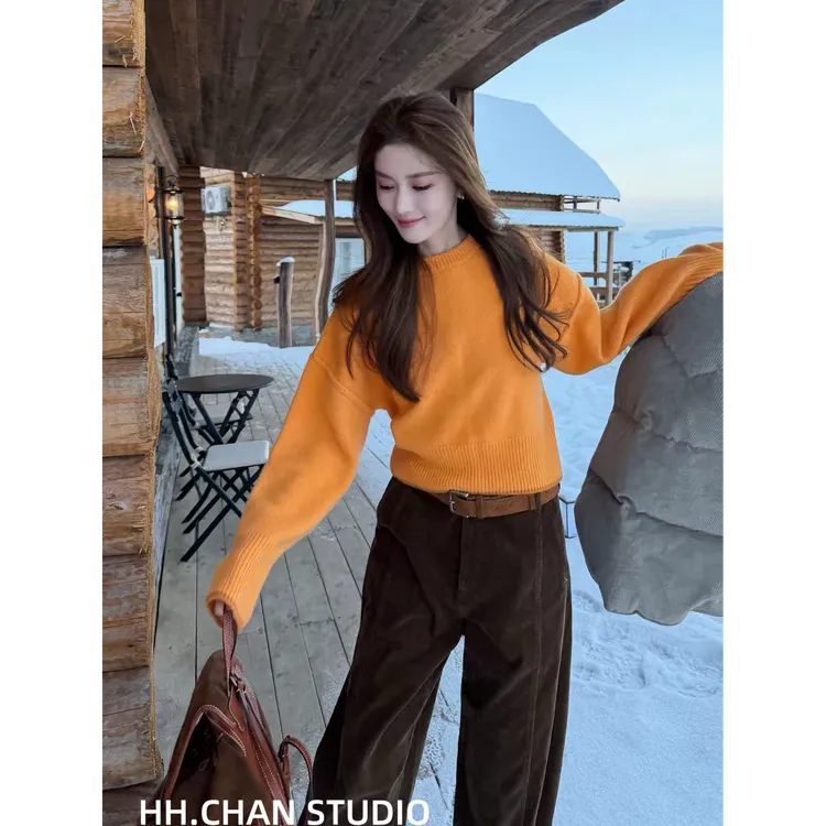 HH.CHAN“落日橙”100%绵羊毛橙色超显白软糯套头针织衫HH55G41014