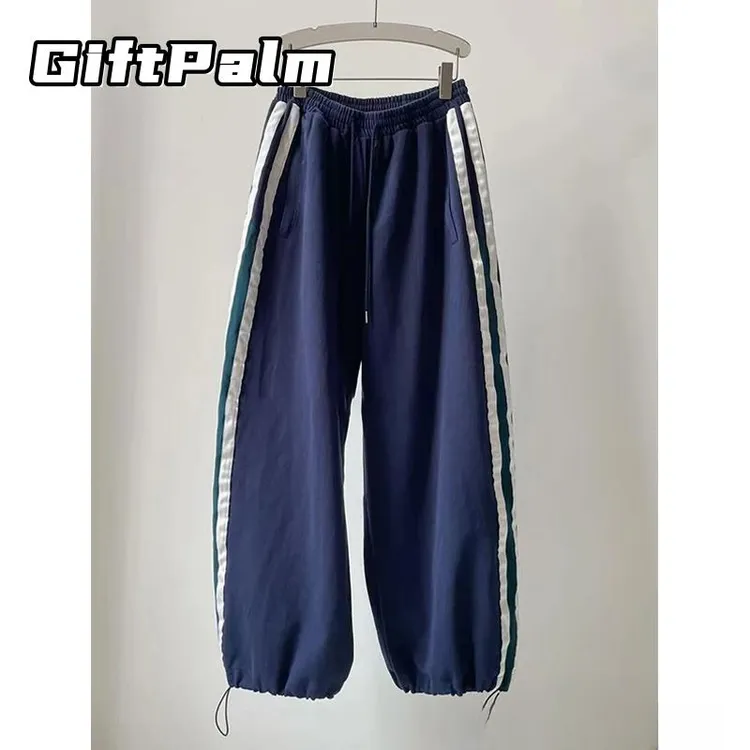 GiftPalm秋季百搭时尚洋气蓝色条纹休闲裤女显瘦宽松阔腿裤子时尚