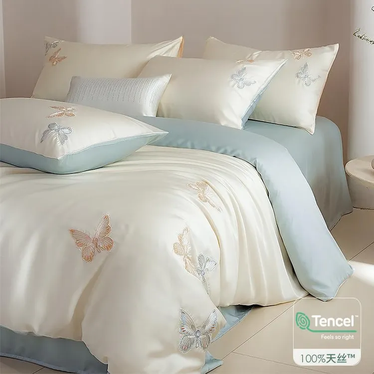 轻奢100Pro兰精天丝夏季凉感床上四件套冰丝蝴蝶刺绣被套床单床品