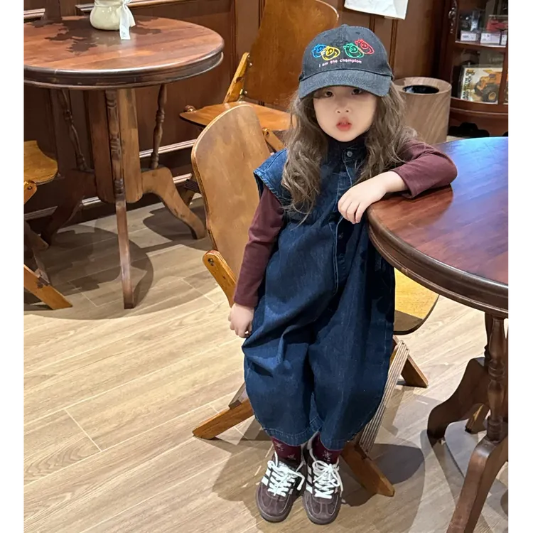 壹妈韩版童装女童秋季套装新款洋气儿童休闲打底衫蓝色牛仔连体裤