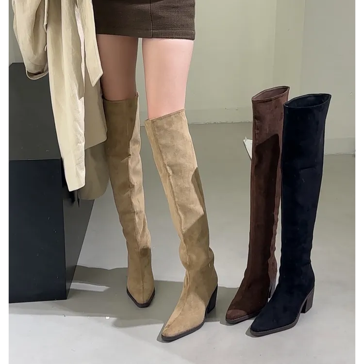 随意穿搭过膝长靴！秋冬真皮粗跟堆堆靴多种穿法长筒骑士靴女