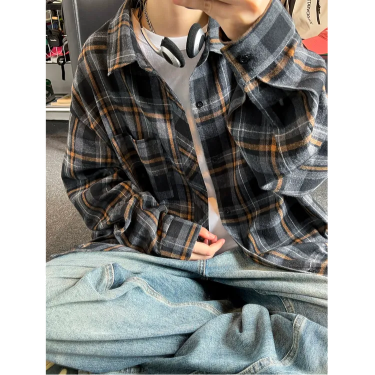 美式复古格纹衬衫男秋季磨毛宽松慵懒风长袖衬衣ootd穿搭情侣外套