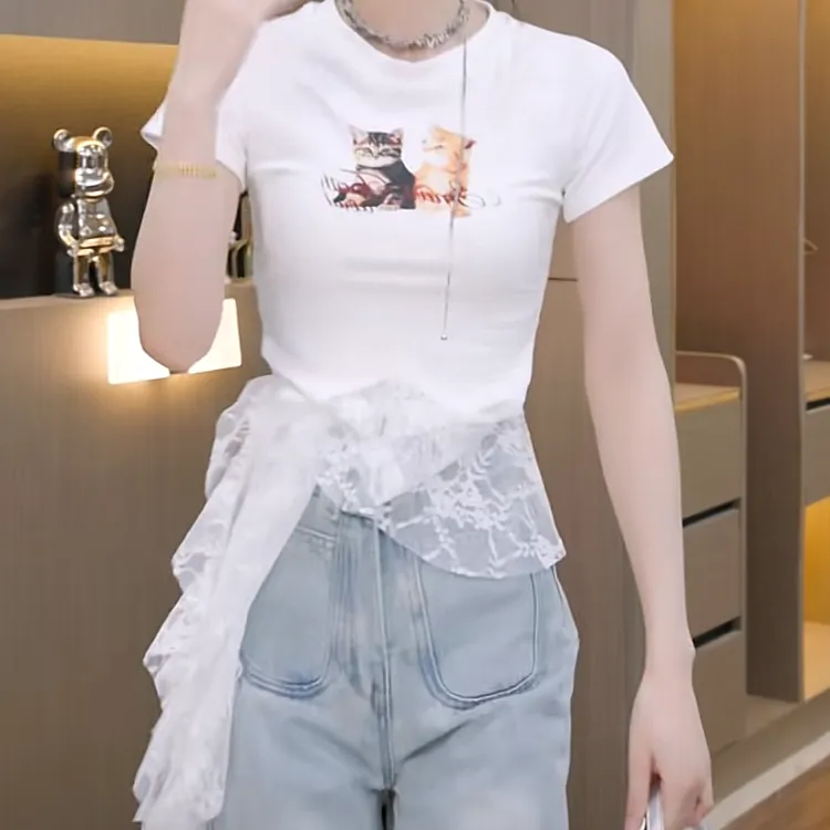 设计感不规则蕾丝下摆猫咪印花短袖t恤女2025春夏套头圆领上衣