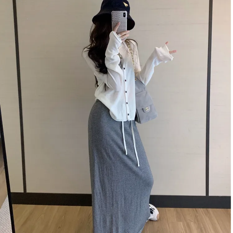 松紧带高腰条纹直筒裙半身裙显瘦气质中长款时尚百搭上衣女轻熟
