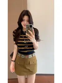 【肉肉】含羊毛短袖条纹女圆领女针织衫显瘦撞色夏季显气质百搭上衣