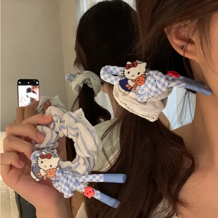 元气满满甜美风少女风kt条纹仙女风日韩皮筋发圈蓝色韩版发饰发绳