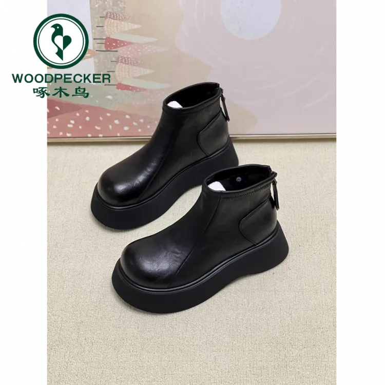 啄木鸟厚底短靴女2025新款秋冬季增高切尔西靴加绒马丁靴懒人棉鞋