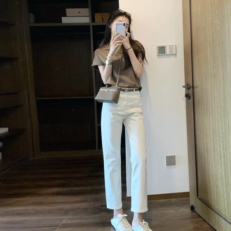 早秋白色小直筒牛仔裤女2025新款八分小个子高腰修身法棍烟管裤子