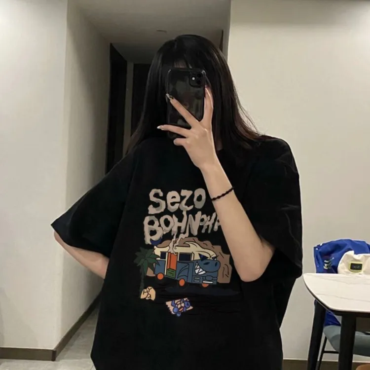 黑色纯棉休闲半袖宽松oversize夏季短袖T恤女装2025新款大版上衣