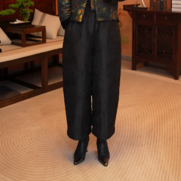 【红熹潮068砖红/黑色】冬季百搭提花千层玫瑰松紧腰保暖宽松棉裤