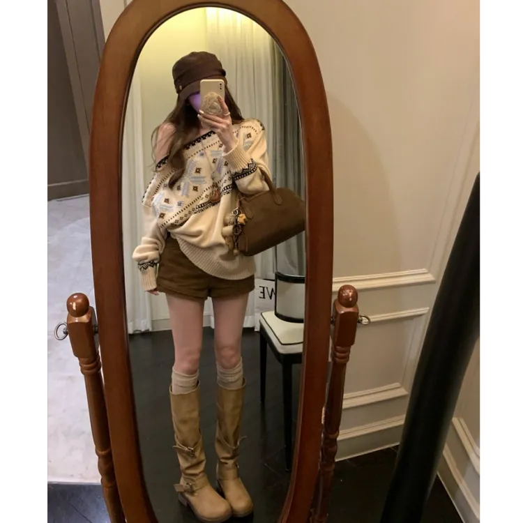 MUKOK羊毛费尔岛提花斜肩毛衣慵懒感宽松复古休闲感针织套装