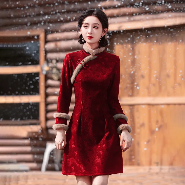 新中式小个子红色短款旗袍2025年秋冬季长袖加绒保暖A版连衣裙