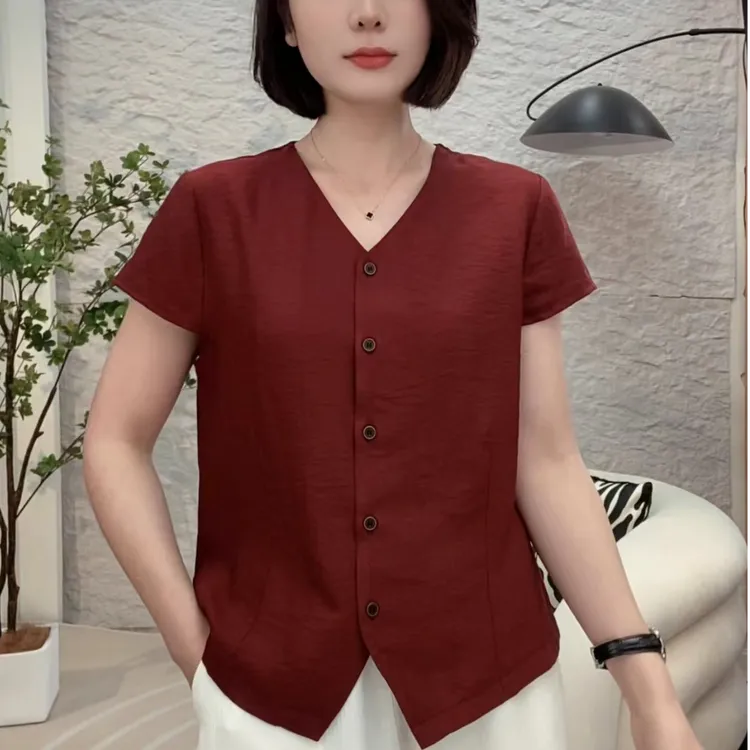 2025新天丝麻V领纯色休闲百搭显瘦气质设计感薄款舒适短袖女衬衣