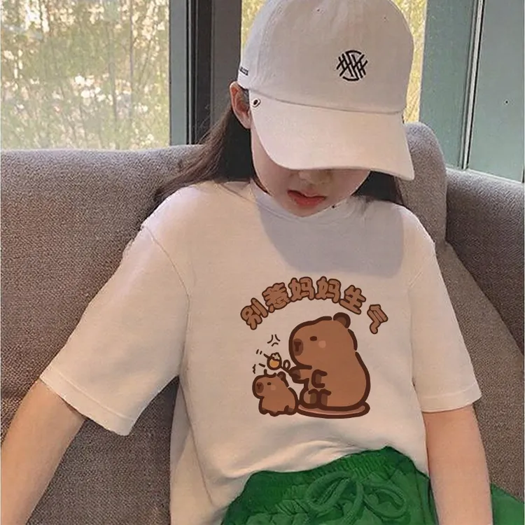 2025新款女童白t恤6-12岁洋气半袖女孩学生印花韩版百搭中大童潮