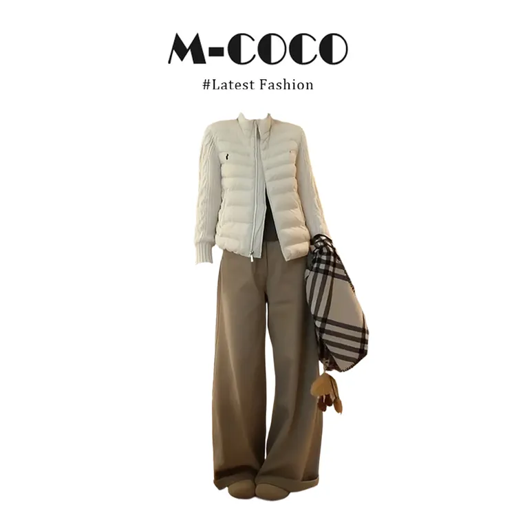 MARIE.COCO高端名媛秋冬毛衣袖拼接棉袄外套打底衫阔腿裤三件套