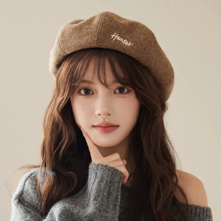 秋冬复古毛呢贝雷帽韩版简约字母刺绣南瓜帽八角帽百搭画家帽子女