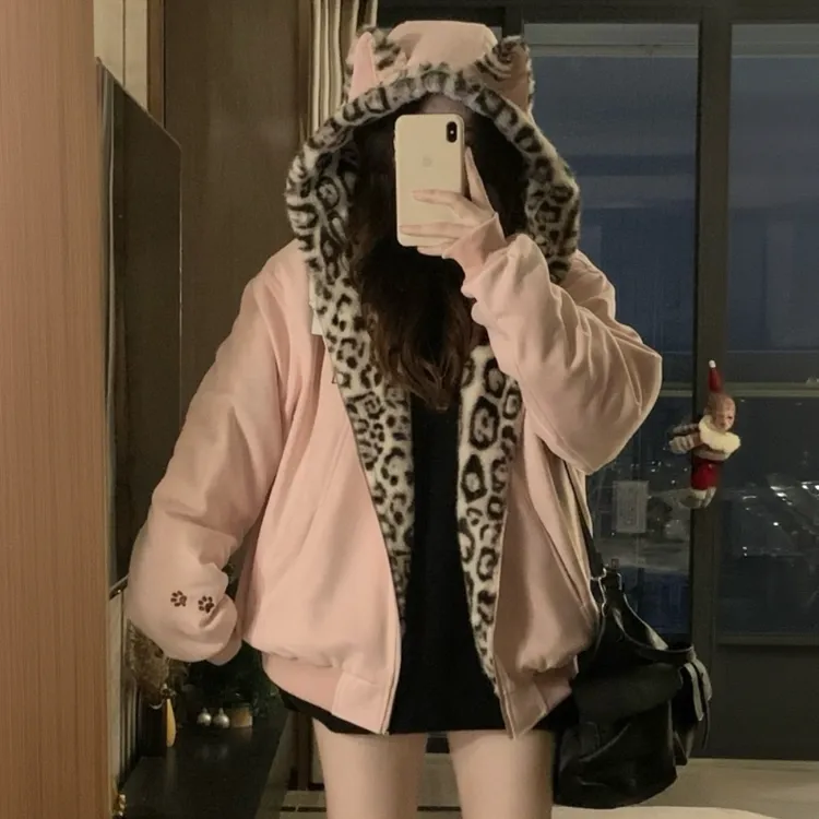 麂皮座山雕可爱粉色兔耳棉衣秋冬棉服保暖厚外套加绒豹纹连帽棉袄
