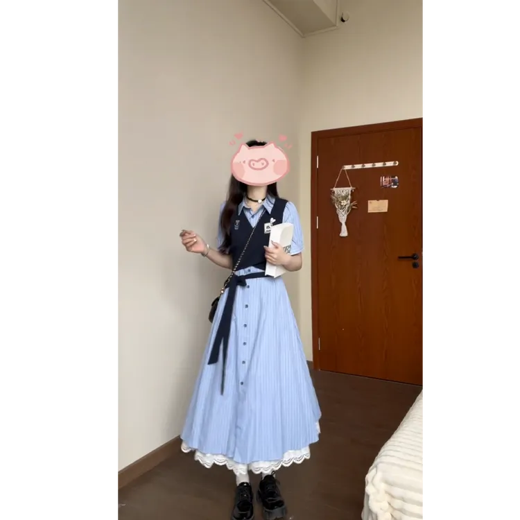 2025新款韩版学院风排扣短袖衬衫连衣裙外搭短款马甲背心两件套女